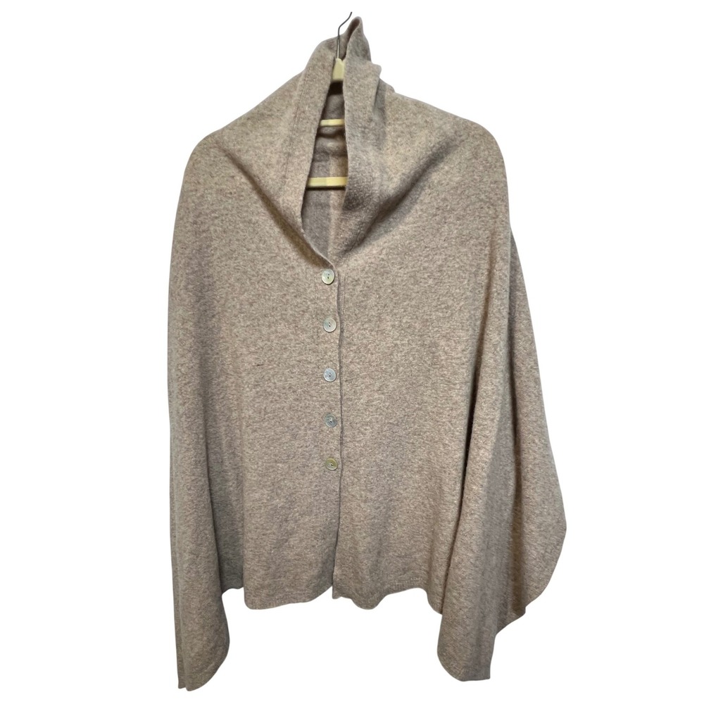 Saol Wool Blend Button Front Poncho Cape Wrap Draped Neck Oatmeal Beige Tan